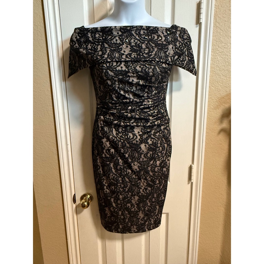 Vince Camuto Black Lace Dress Women's Size 4 Off-The-Shoulder Ruched Cocktail